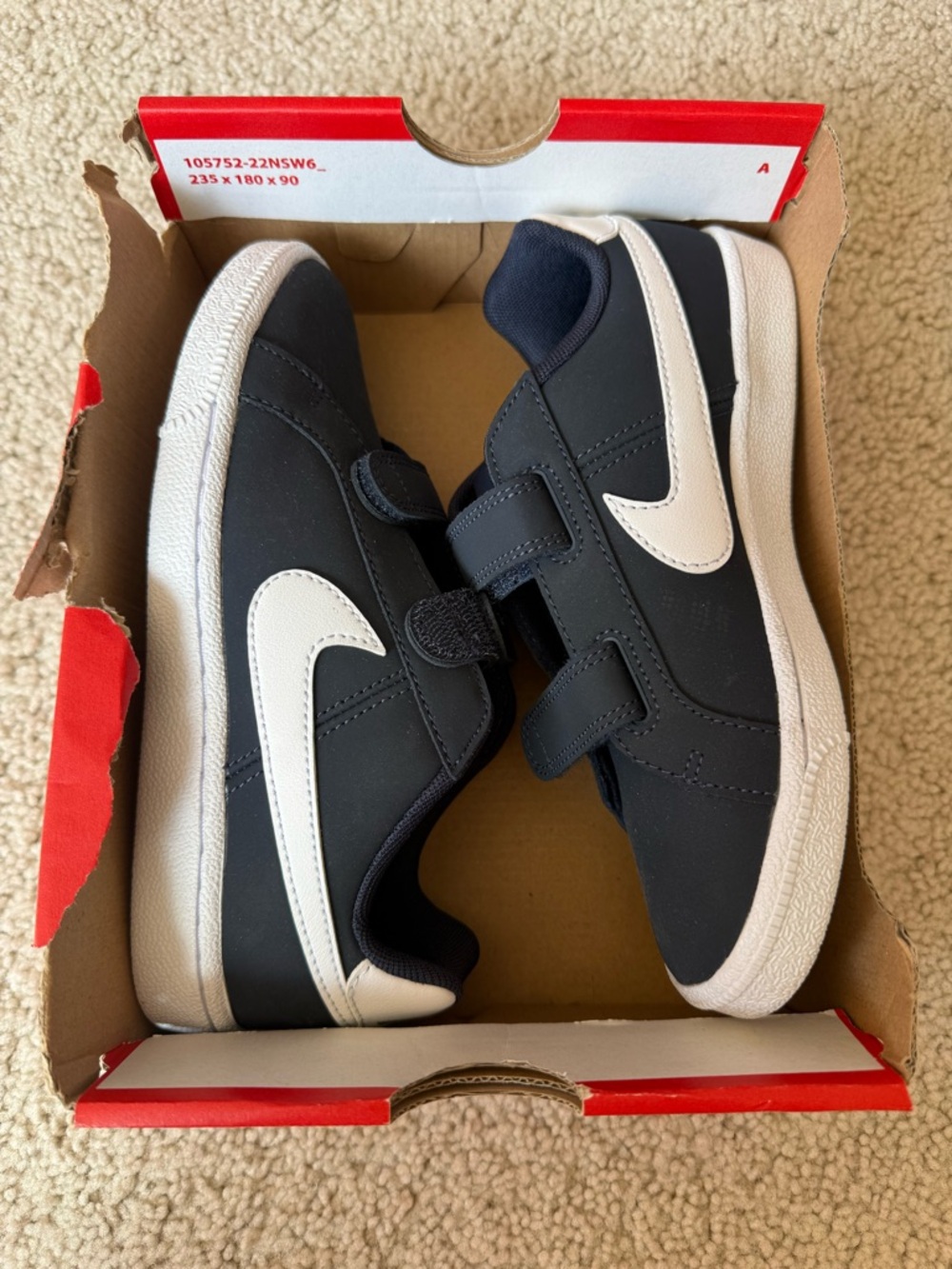 Kids Nike Court Royale Navy and White Athletic Sneakers - Classic Velcro Closure